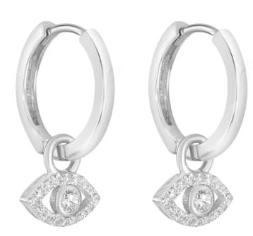 Sterling Silver CZ Evil Eye Drop Huggie Earrings - 12mm