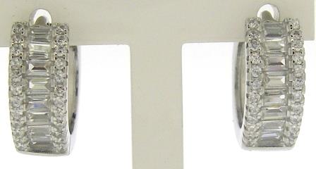Sterling Silver Baguette and Round CZ Hoop Earrings - 10mm