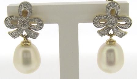 Elegant 9ct Two-Tone Gold Freshwater Pearl & Diamond Bow Drop Earrings