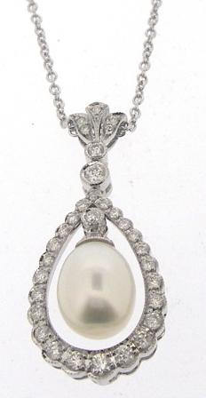 18ct White Gold Freshwater Pearl And Diamond Pendant
