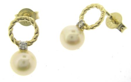 9ct Yellow Gold Pearl & Diamond Open Rope Stud Earrings