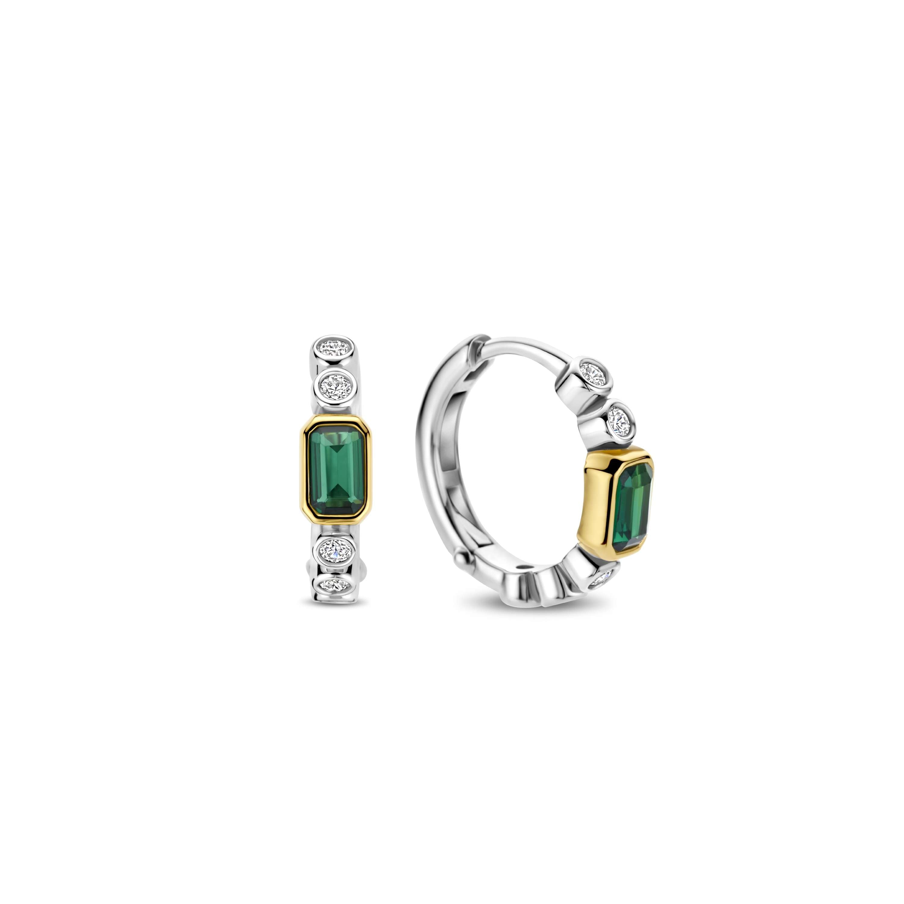 Ti Sento Sterling Silver & Yellow Gold Plated White Cubic Zirconia Rubover Set Hoop Earrings with Green Baguette Cut Cubic Zirconia 15.5mm