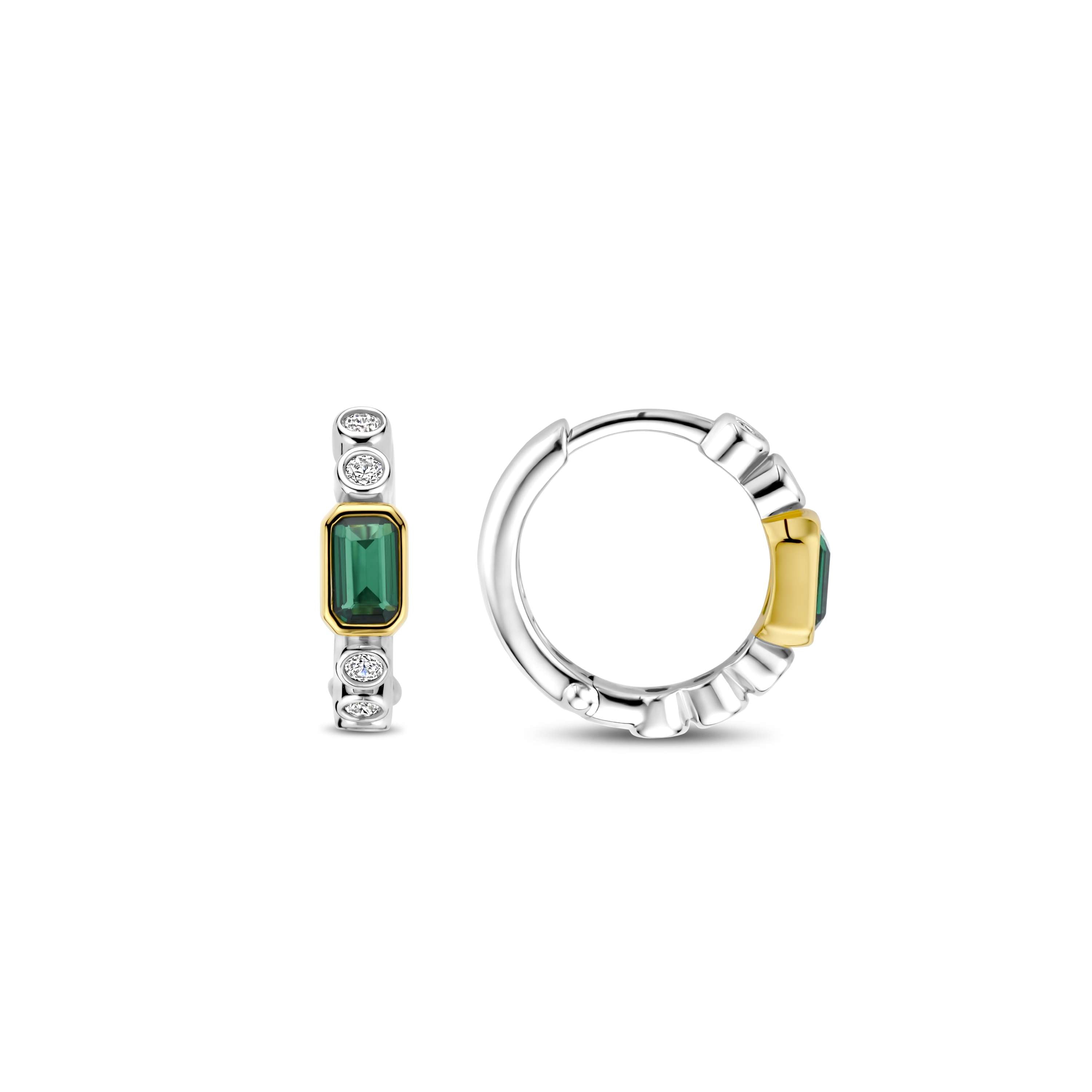 Ti Sento Sterling Silver & Yellow Gold Plated White Cubic Zirconia Rubover Set Hoop Earrings with Green Baguette Cut Cubic Zirconia 15.5mm