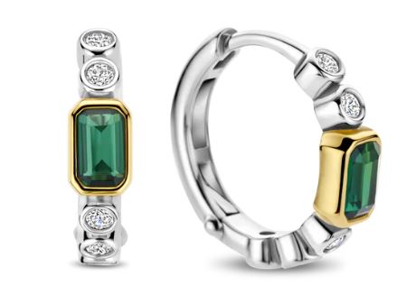 Ti Sento Hoop Earrings - White & Green Cubic Zirconia, Silver & Gold, 15.5mm