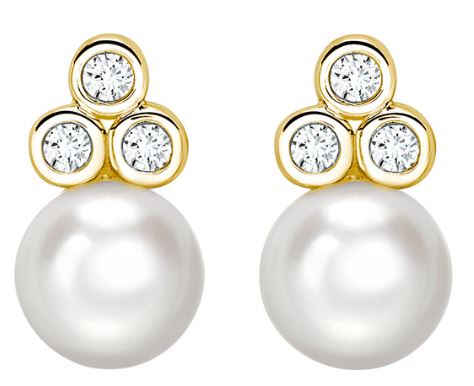 9ct Yellow Gold Cultured Freshwater Pearl And Diamond Trefoil Stud Earrings