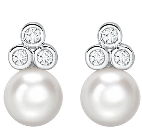 9ct White Gold Cultured Freshwater Pearl and Diamond Trefoil Stud Earrings