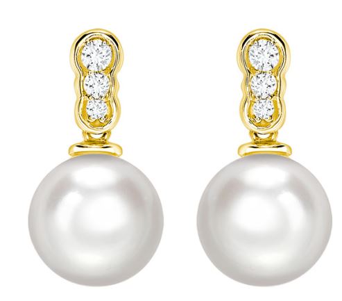 9ct Yellow Gold Cultured Freshwater Pearl & Diamond Drop Earrings