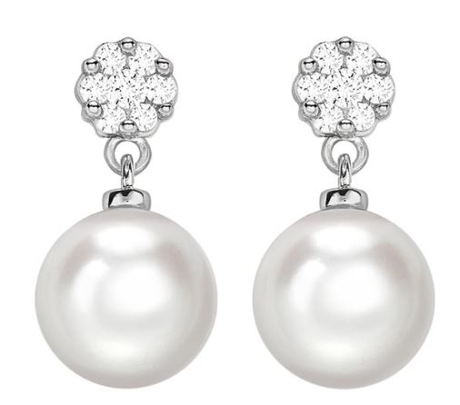 9ct White Gold Pearl and Diamond Cluster Drop Earrings
