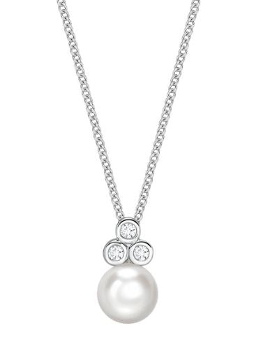 9ct White Gold Cultured Freshwater Pearl & Diamond Trefoil Pendant