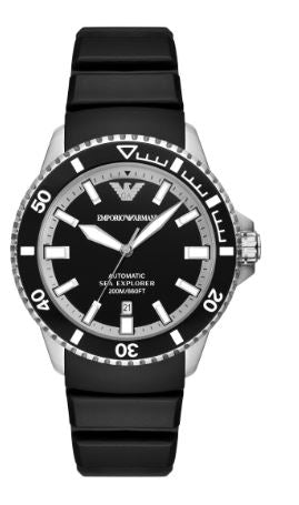 Armani Gents Sea Explorer Automatic Watch 42mm Black Dial with Black Silicone Strap