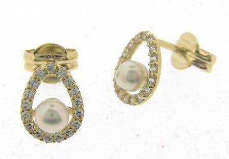 9ct Yellow Gold Cubic Zirconia & Freshwater Pearl Teardrop Stud Earrings