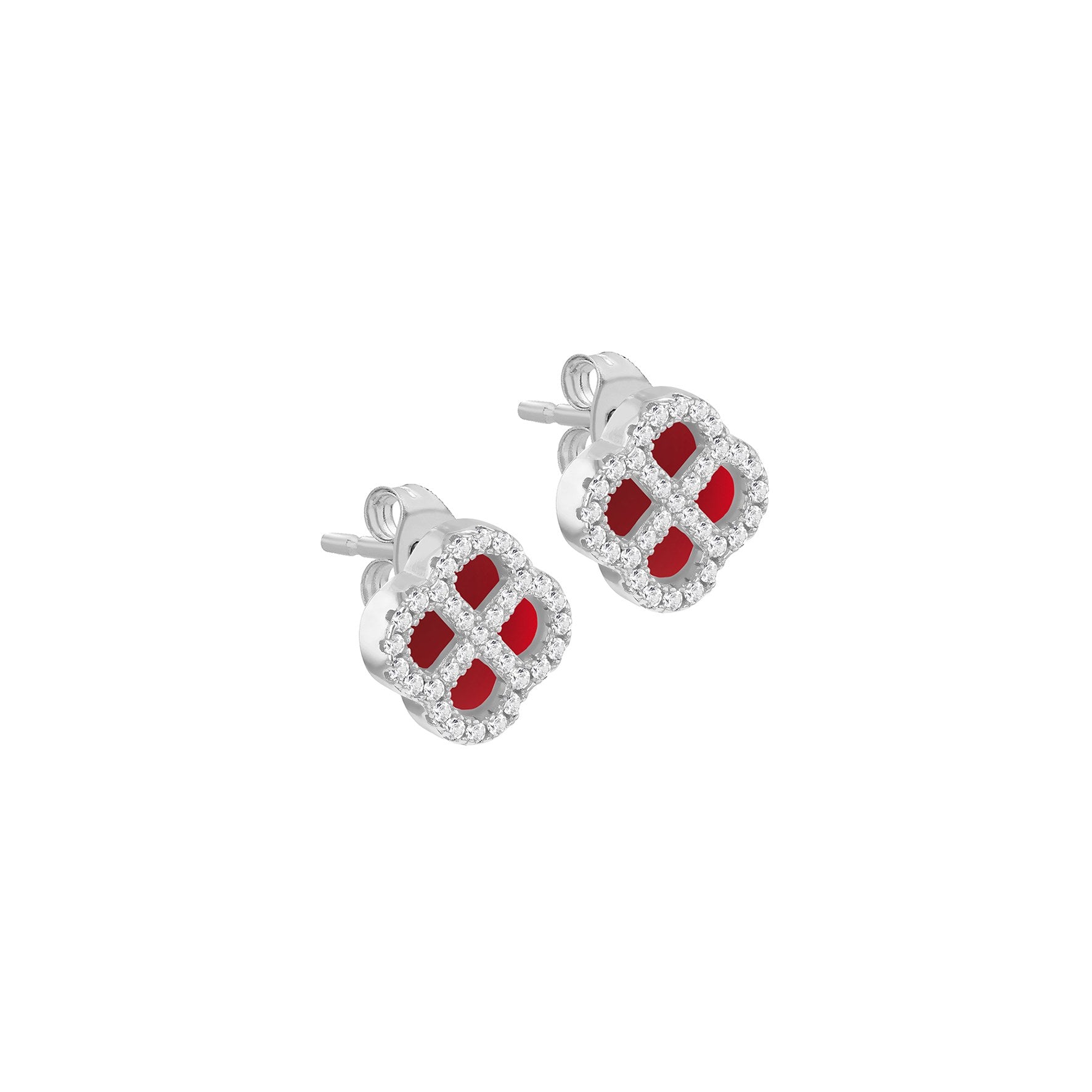 Sterling Silver Red Agate & Cubic Zirconia Clover Stud Earrings