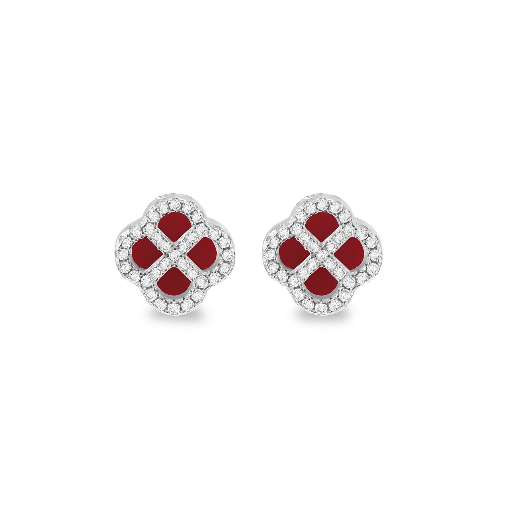 Sterling Silver Red Agate & Cubic Zirconia Clover Stud Earrings