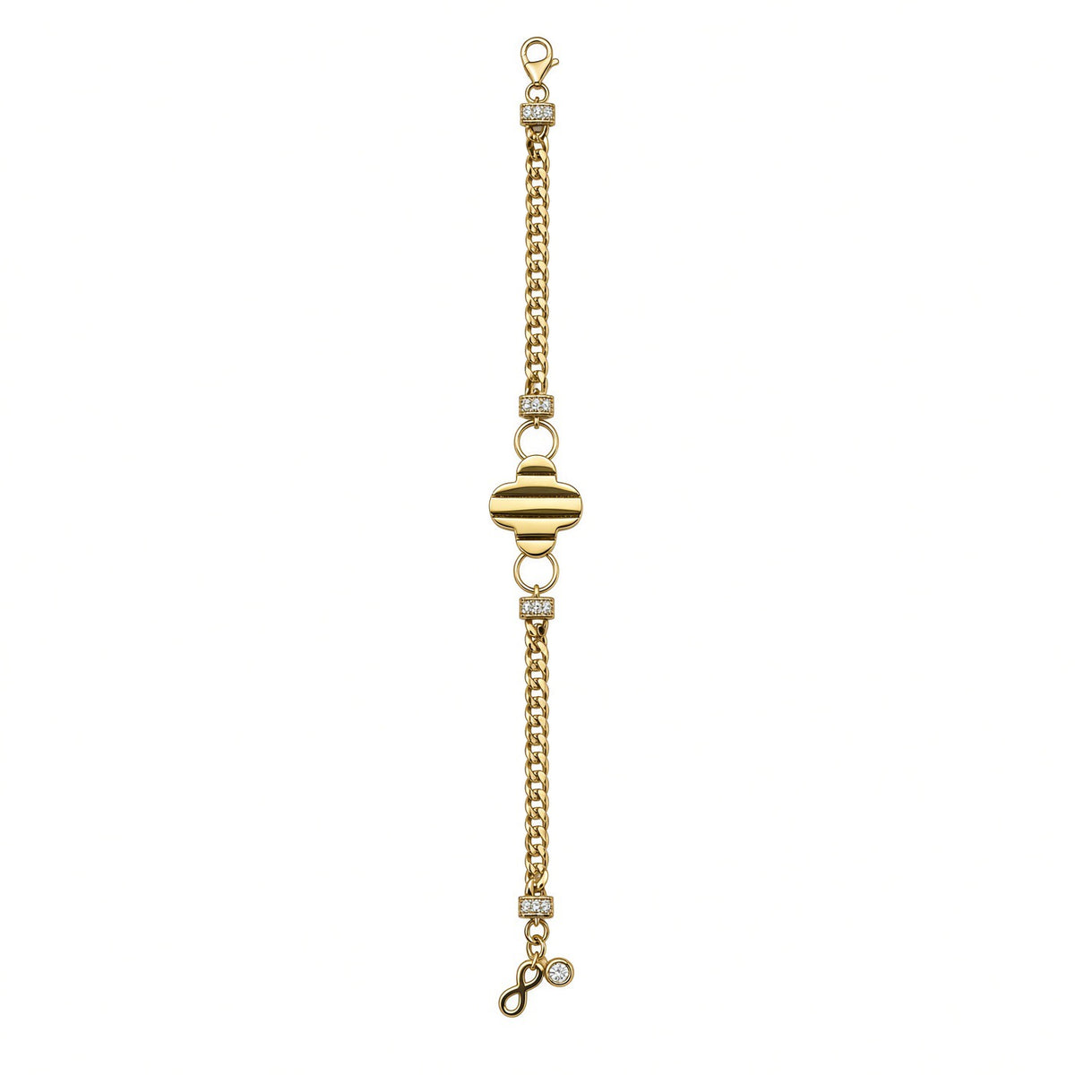 9ct Yellow Gold Curb Bracelet with Plain Clover Centre and Cubic Zirconia Sections 19cm
