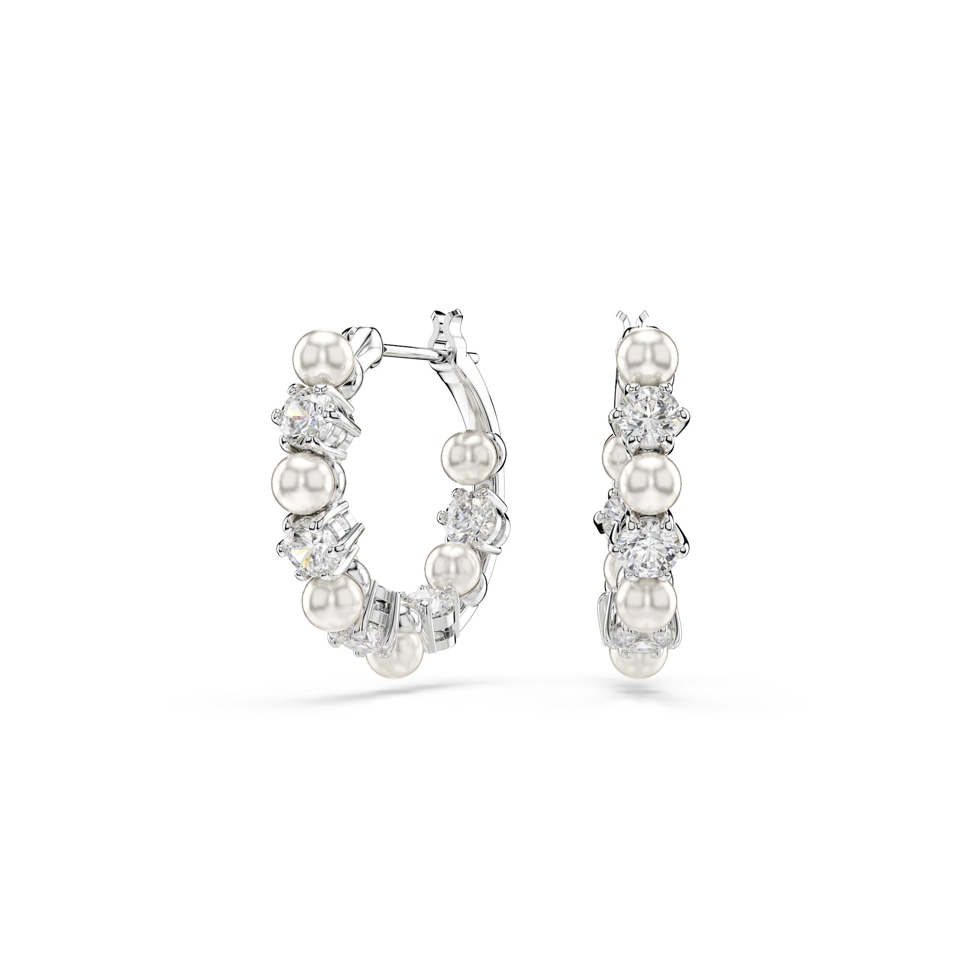 Swarovski Matrix Hoop Earrings - Rhodium Plated 18mm - Crystal Pearl