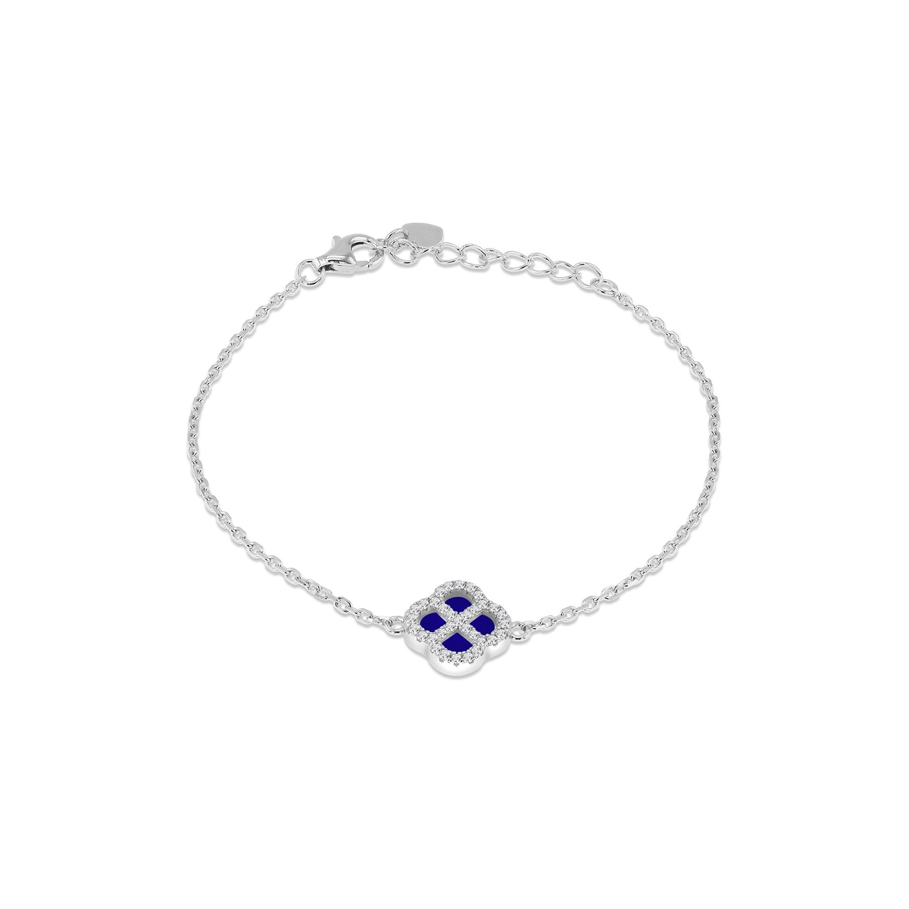 Sterling Silver Synthetic Blue Lazurite & Cubic Zirconia Clover Bracelet 6.25-7.5'