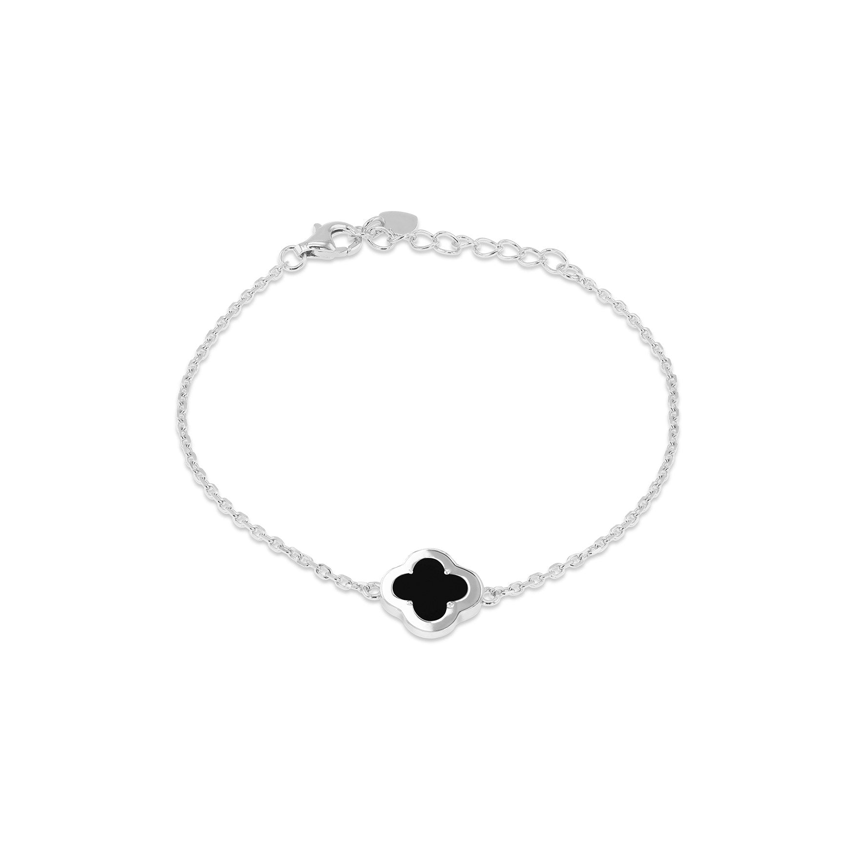 Sterling Silver Black Agate & Cubic Zirconia Clover Bracelet 6.25-7.5'