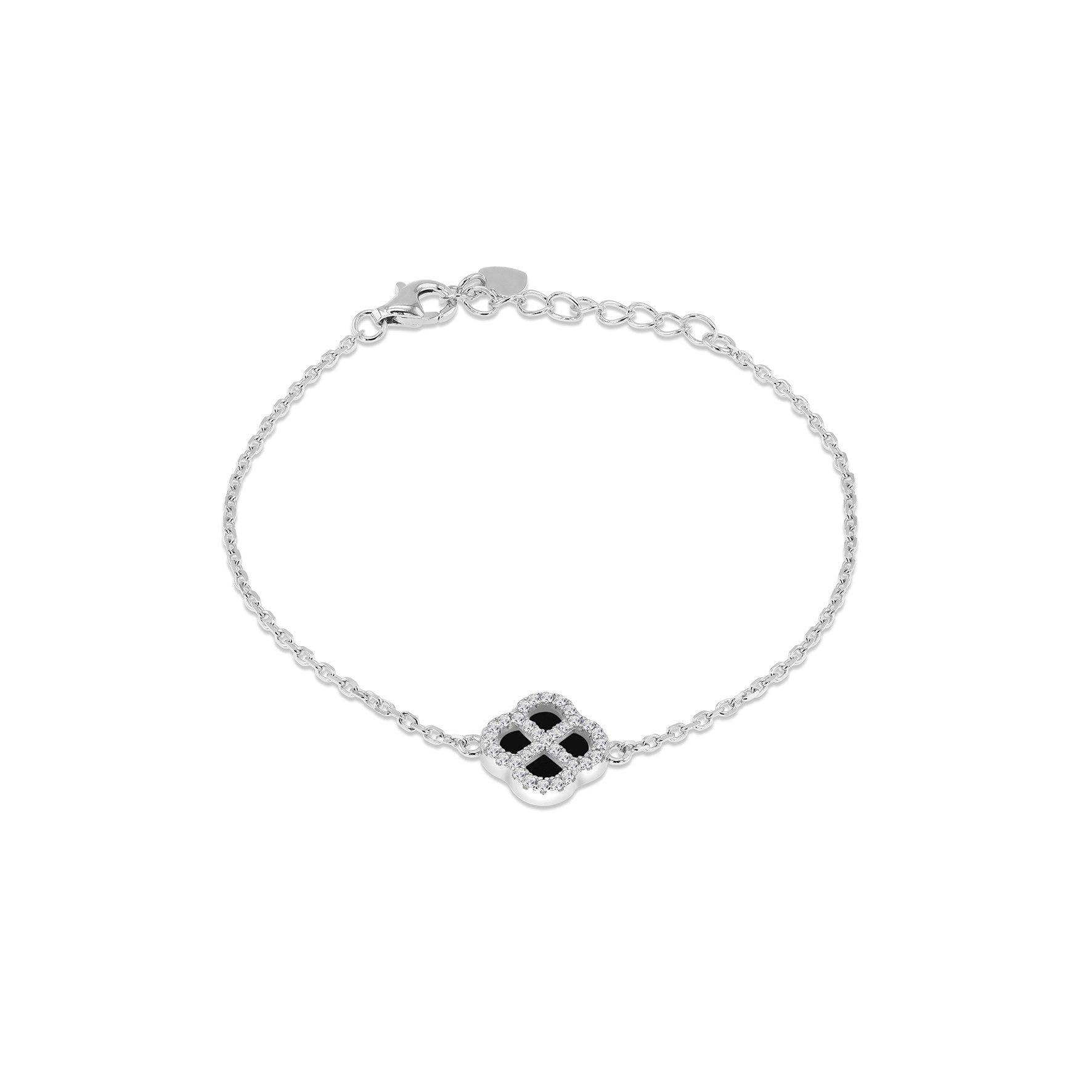 Sterling Silver Black Agate & Cubic Zirconia Clover Bracelet 6.25-7.5'