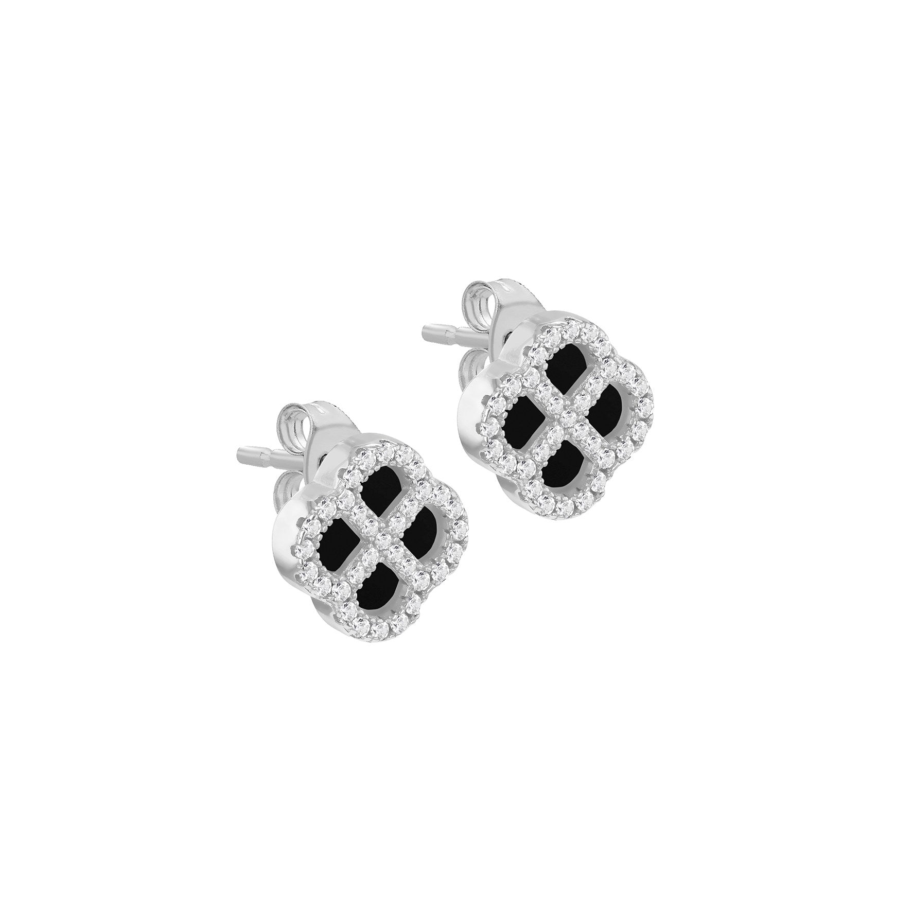 Sterling Silver Black Agate & Cubic Zirconia Clover Stud Earrings