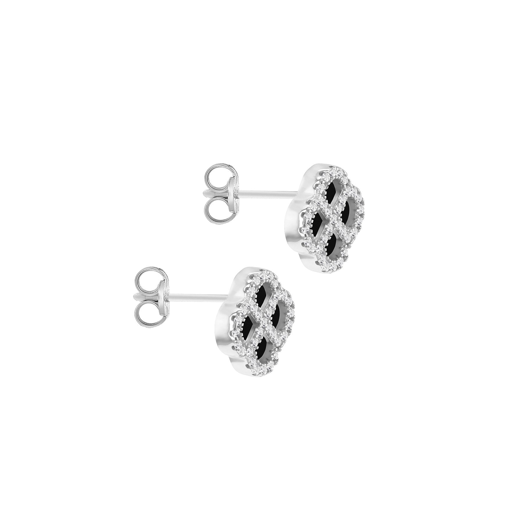Sterling Silver Black Agate & Cubic Zirconia Clover Stud Earrings