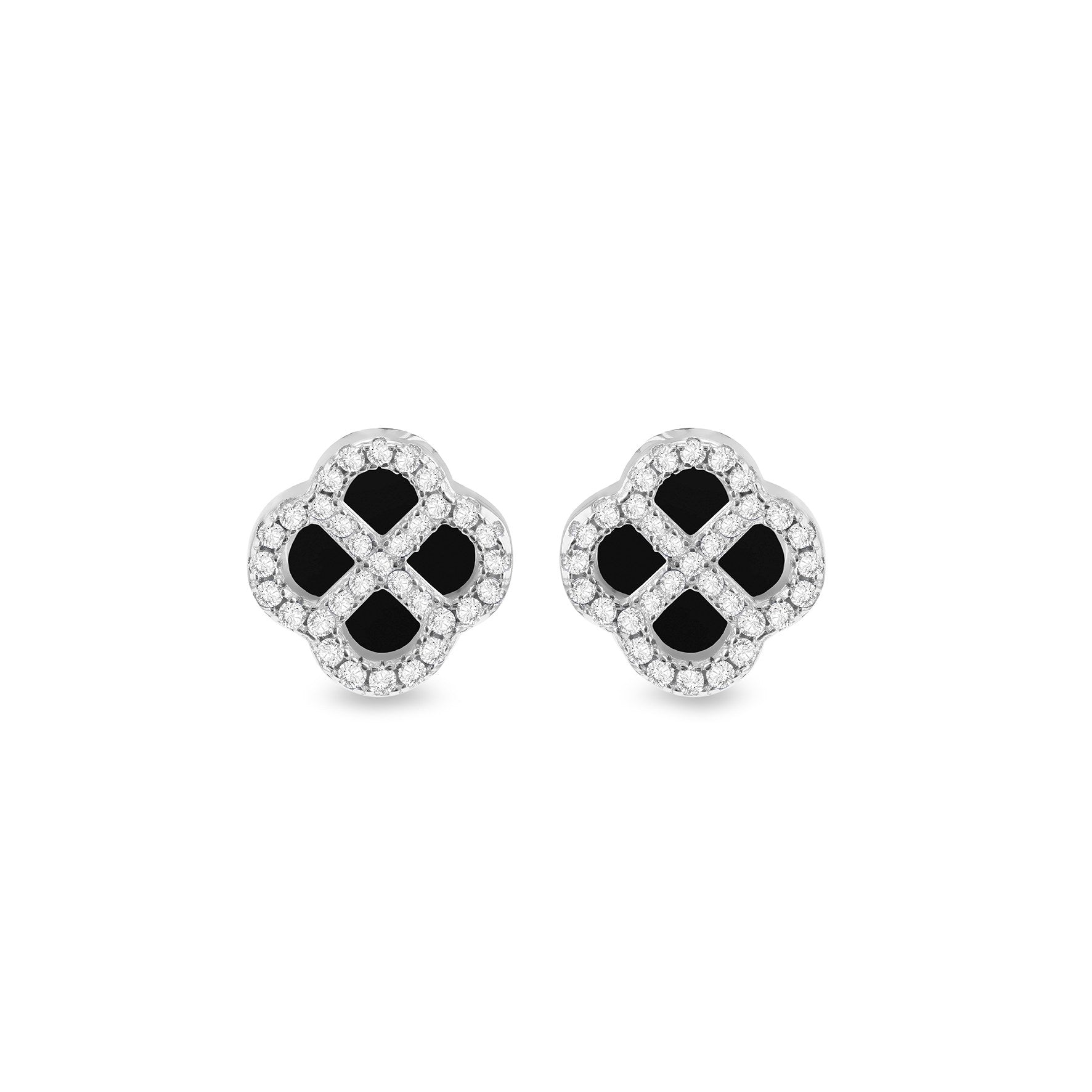 Sterling Silver Black Agate & Cubic Zirconia Clover Stud Earrings