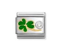 Nomination Composable Classic Green Clover with Cubic Zirconia Charm - Stainless Steel & Yellow Gold with Enamel
