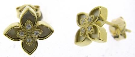 Yellow Gold Mother of Pearl & CZ Flower Stud Earrings