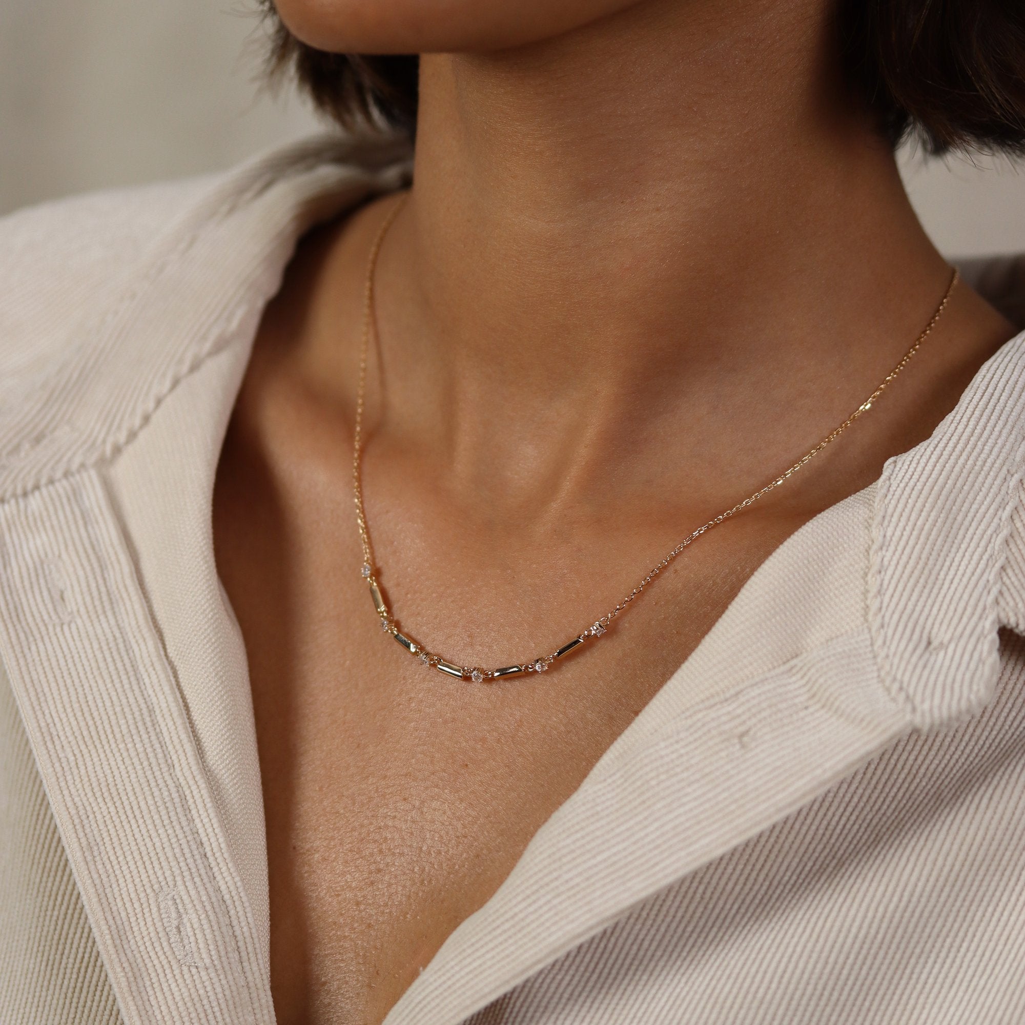 Burren - Valentina, Yellow Gold Plated Bar And CZ Chain Necklace 45cm