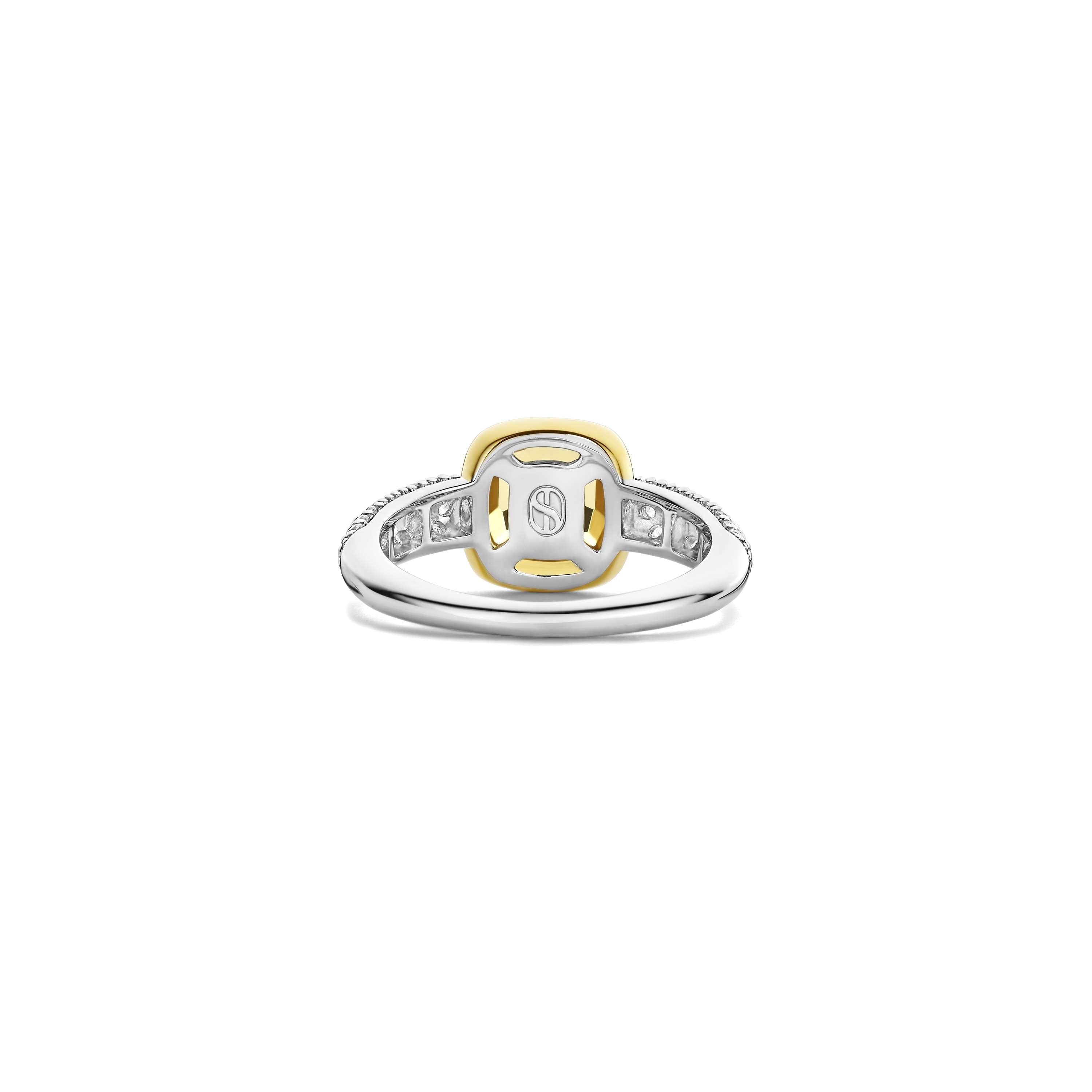Ti Sento Sterling Silver & Yellow Gold Plated Cushion Shape Yellow Centre Stone & Cubic Zirconia Set Shoulders Ring