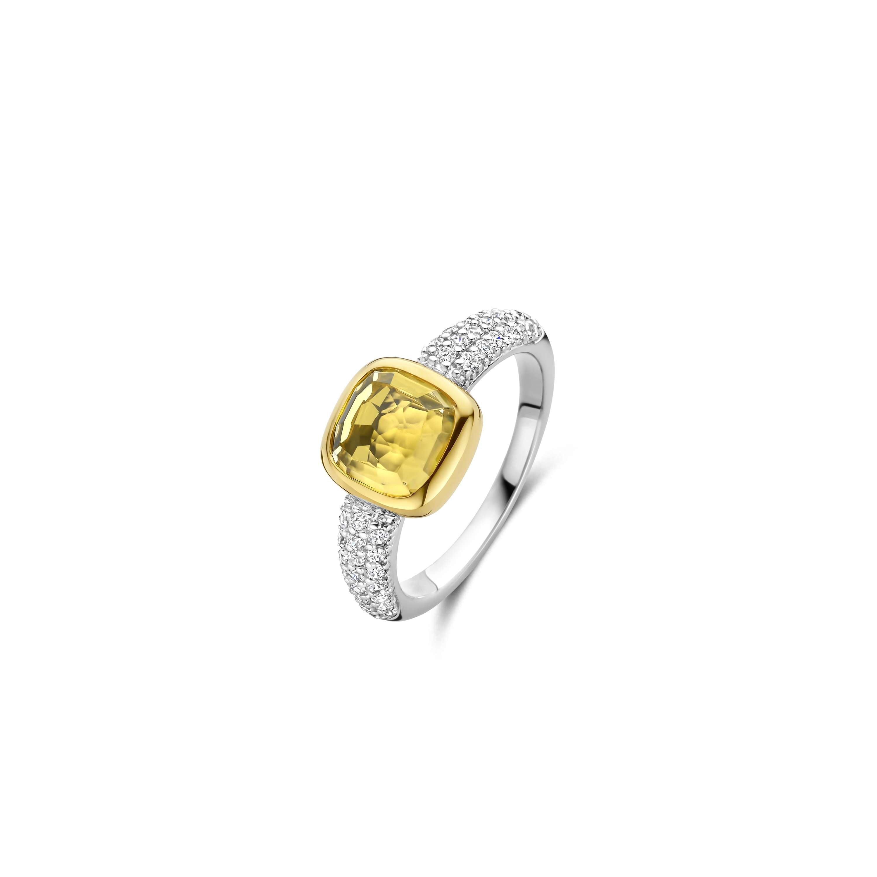Ti Sento Sterling Silver & Yellow Gold Plated Cushion Shape Yellow Centre Stone & Cubic Zirconia Set Shoulders Ring