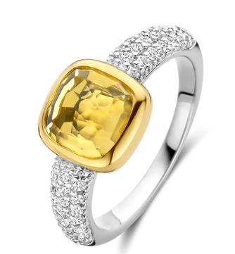 Ti Sento Cushion Ring - Yellow Stone & Cubic Zirconia, Silver & Gold