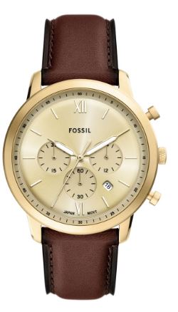 Fossil Gents Neutra Quartz Chronograph Watch 44mm Gold Tone Dial with Brown Leather Strap