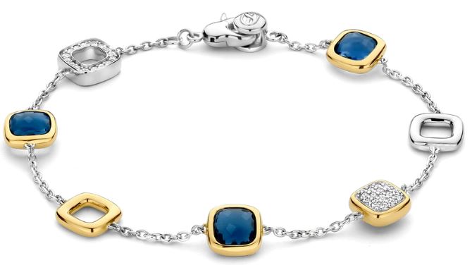 Ti Sento Cushion Bracelet - Cubic Zirconia & Blue Stone, Silver & Gold, 7.5"