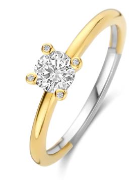 Ti Sento Solitaire Ring - 4-Claw Cubic Zirconia, Silver & Gold, Size 50