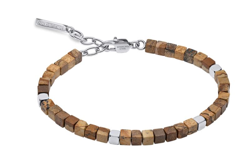 Mens Fred Bennett Stainless Steel & Brown Jasper Beaded Bracelet