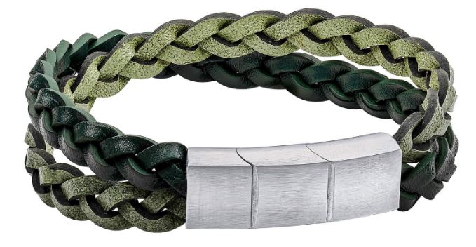 Stainless Steel Green Double Braided Leather Bracelet
