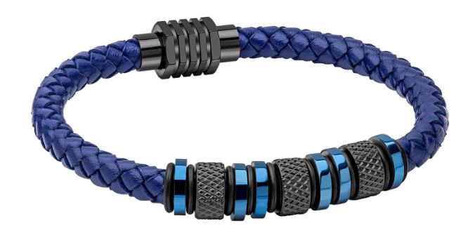 Fred Bennett Mens Blue Leather and Stainless Steel Beaded Bracelet