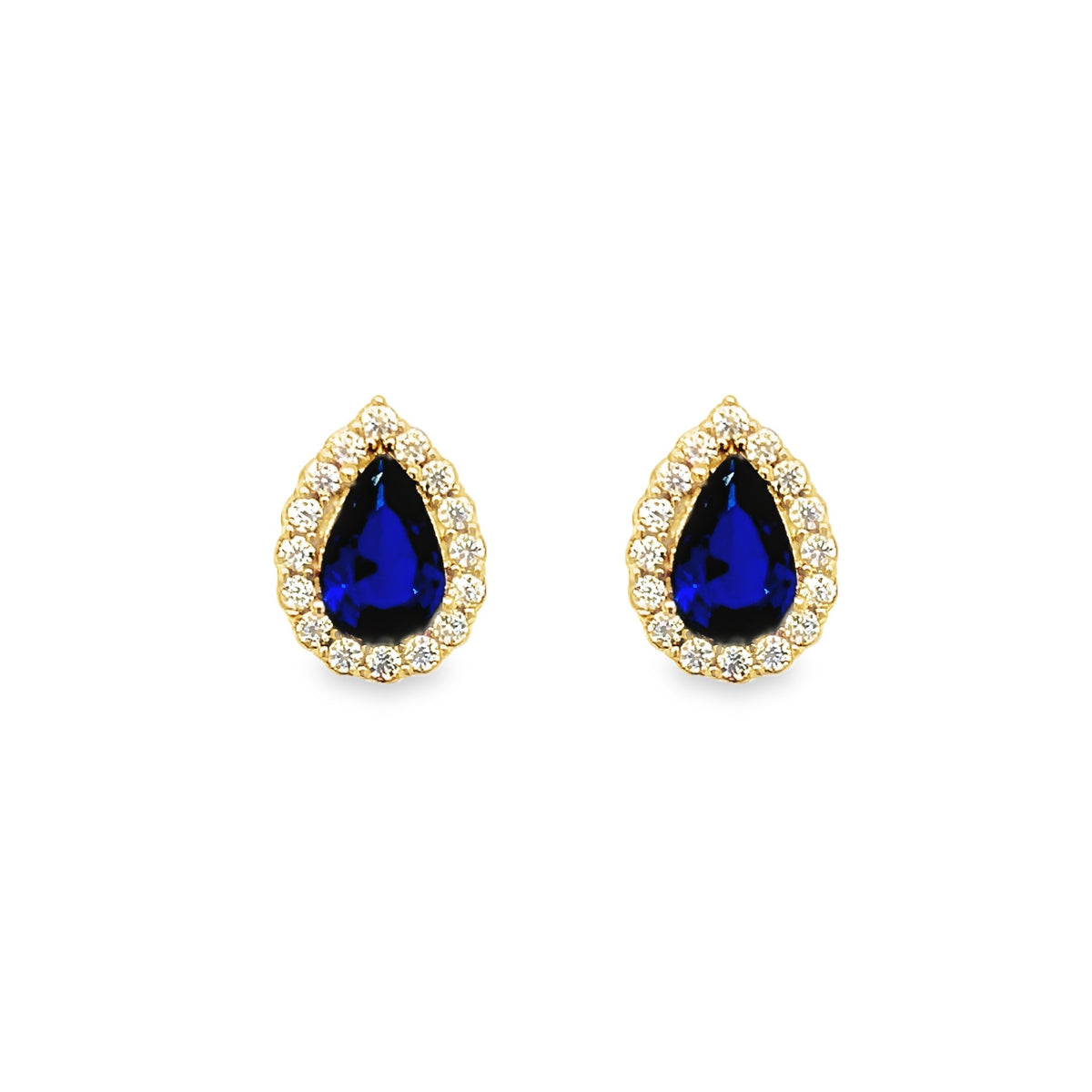 9ct Yellow Gold Created Sapphire & CZ Pear Cluster Stud Earrings