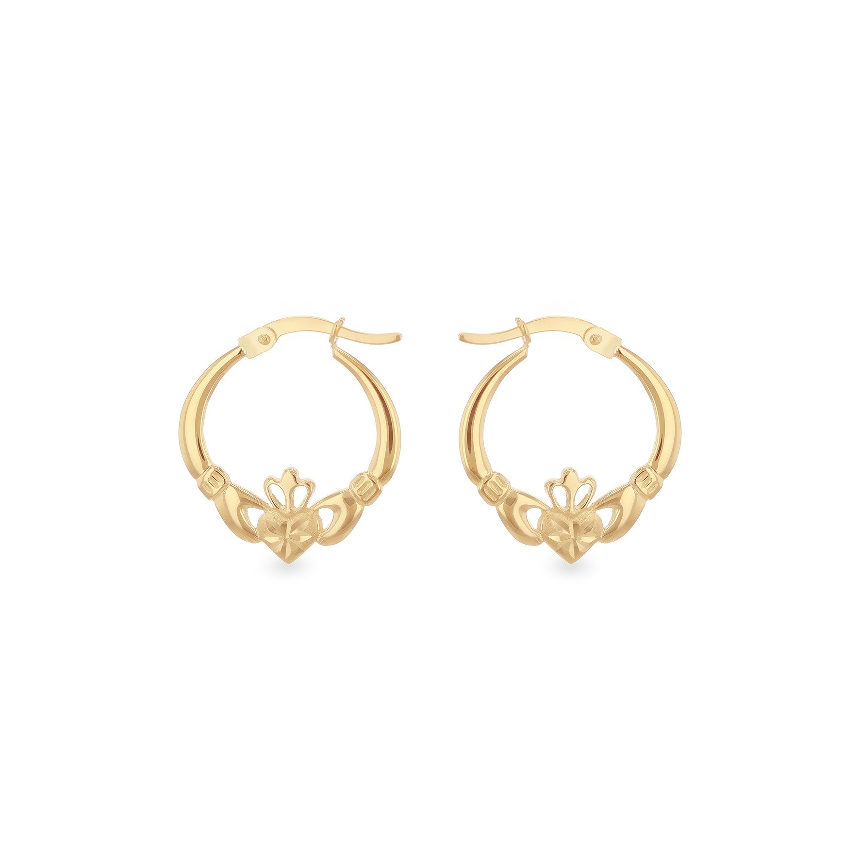 9ct Yellow Gold Diamond Cut Claddagh Creole Earrings
