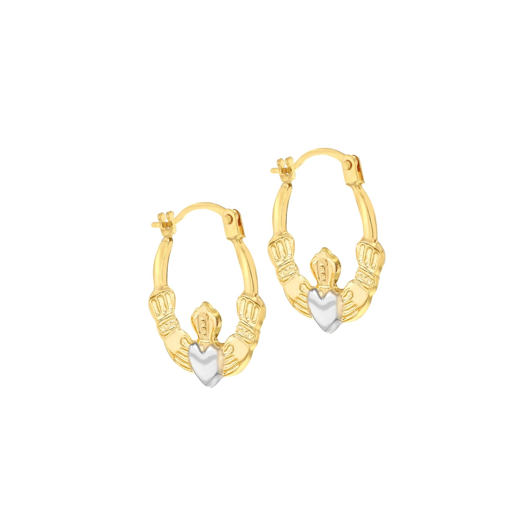 9ct Yellow & White Gold Claddagh Creole Earrings 14x15mm