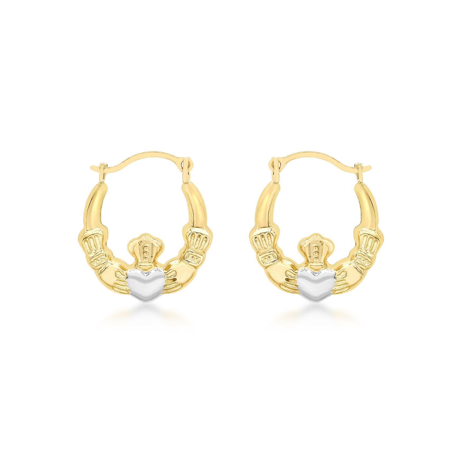 9ct Yellow & White Gold Claddagh Creole Earrings 14x15mm