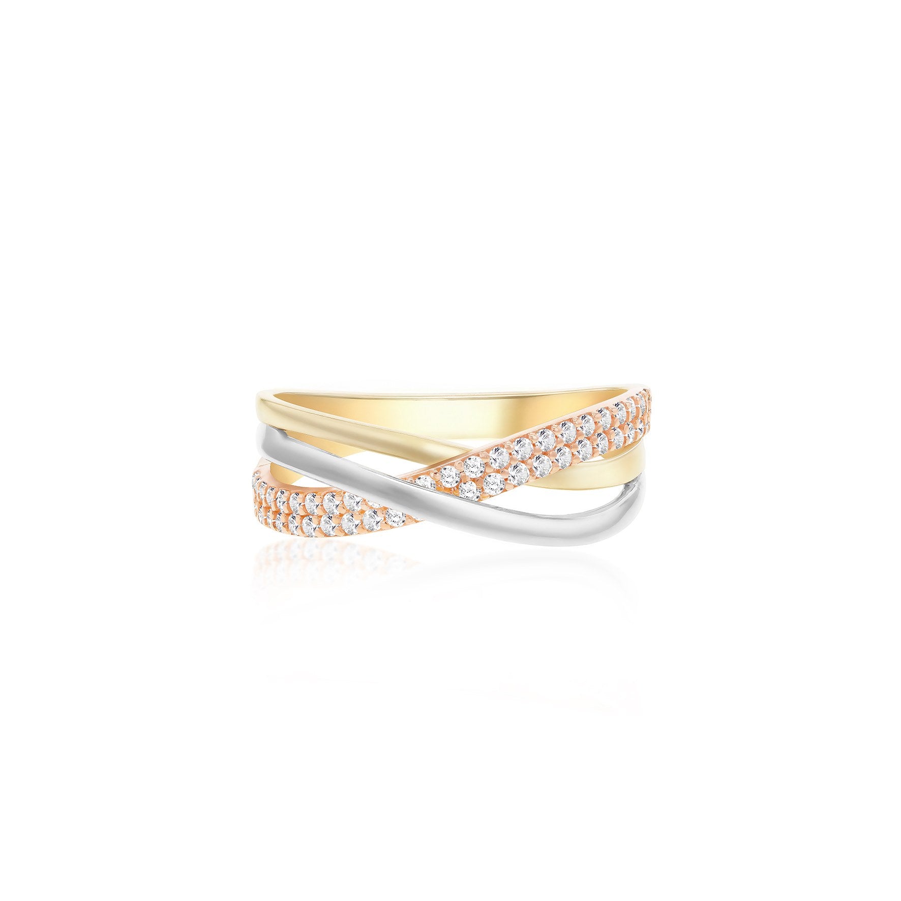 9ct Yellow,White & Rose Gold Cubic Zirconia Crossover Ring