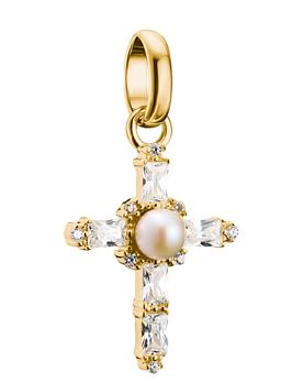 Thomas Sabo Sterling Silver Yellow Gold Plated Vintage-Style Cross Charm with Fresh Water Cultured Pearl and Cubic Zirconia