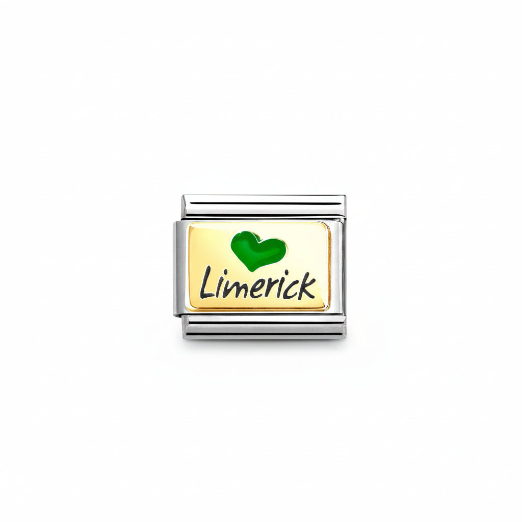 A rectangular silver-tone charm link featuring a gold-toned face with a green heart and the word 'Limerick' in black script, shown on a plain white background.
