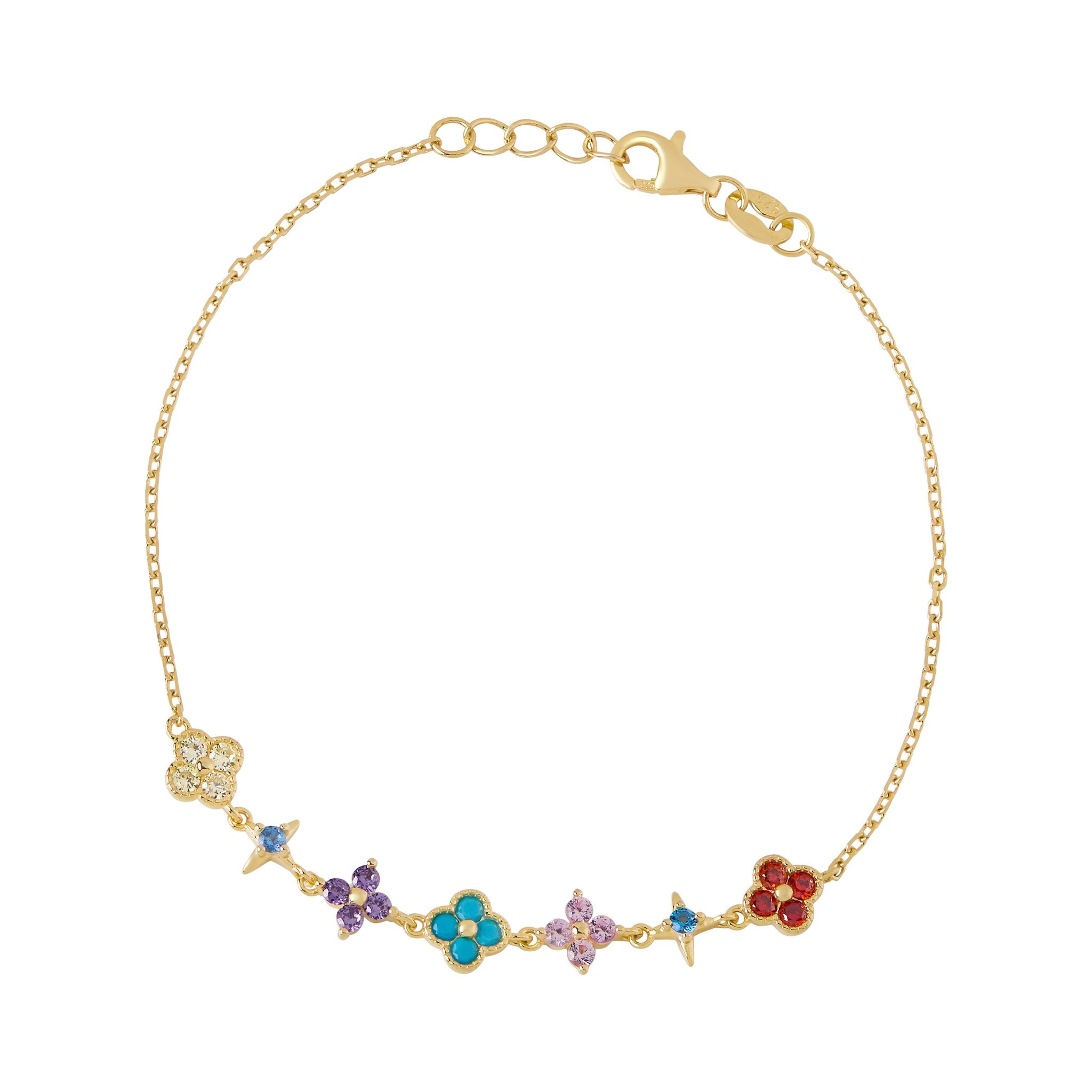 Sterling Silver Yellow Gold Plated Cubic Zirconia Multi Colour Clover Charm Bracelet 18-19cm