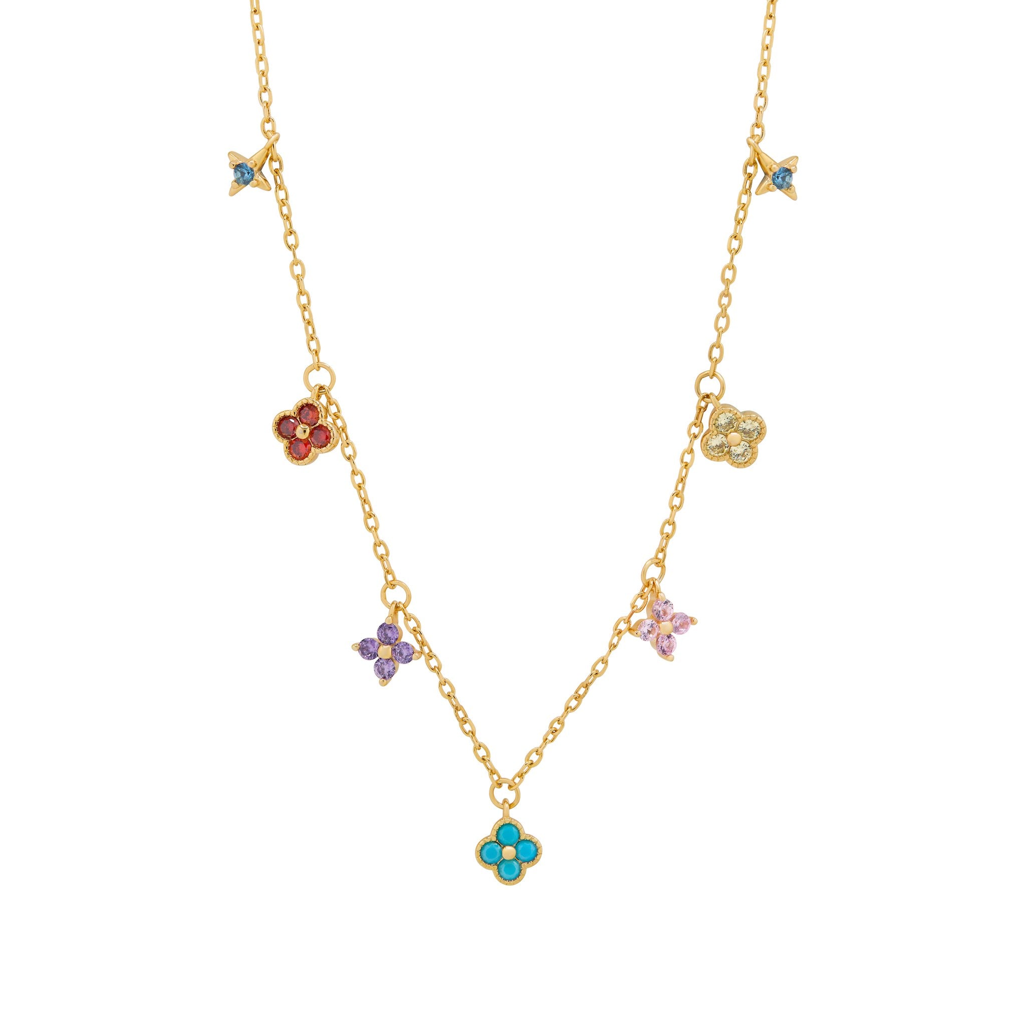 Sterling Silver Yellow Gold Plated Cubic Zirconia Multi Colour Clover Charm Drop Necklace 16.5-18.5'