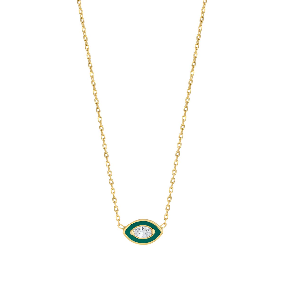 Sterling Silver Yellow Gold Plated Green Cubic Zirconia Evil Eye Necklace 18-16'