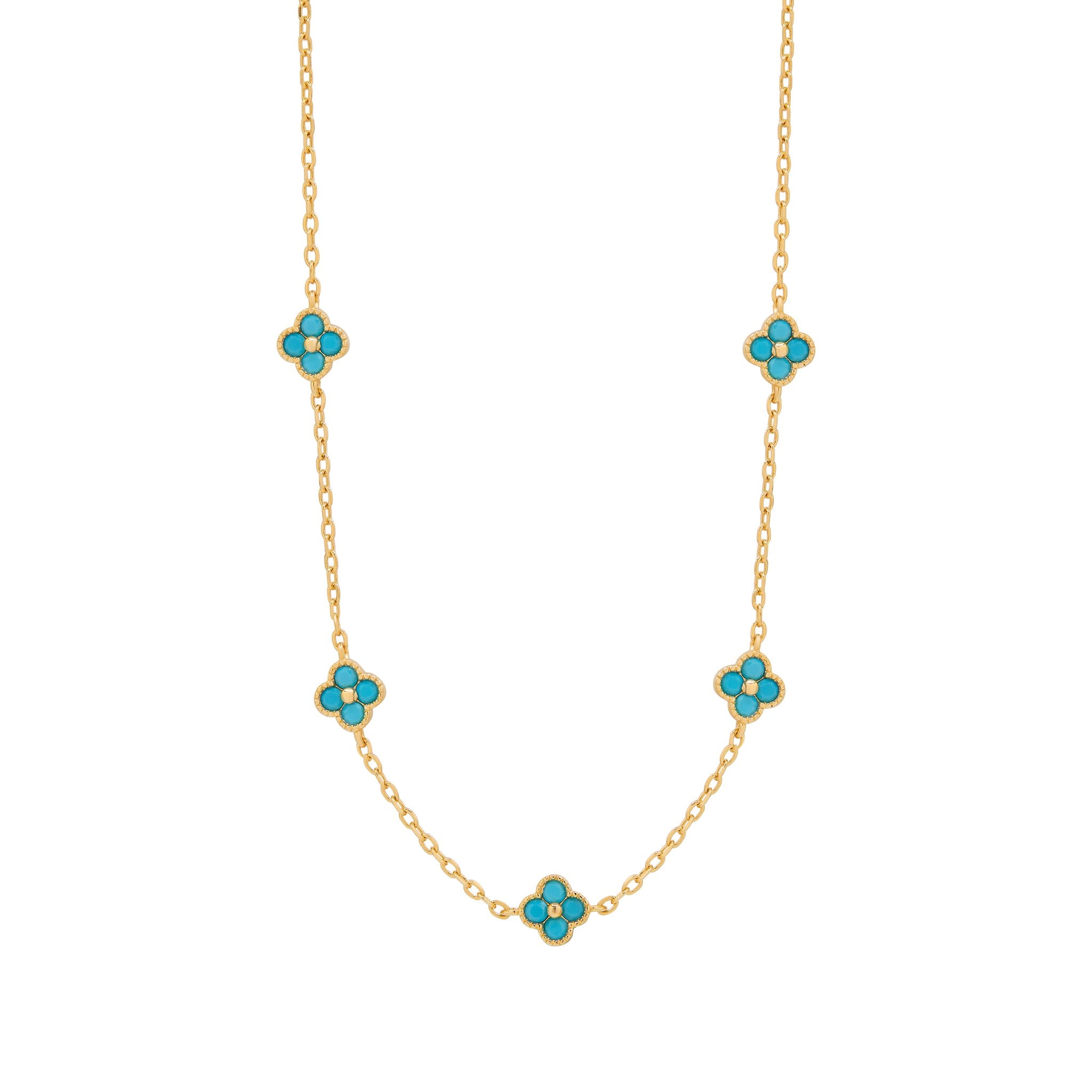 Sterling Silver Yellow Gold Plated Turquoise Clover Necklace 16.5-18.5cm