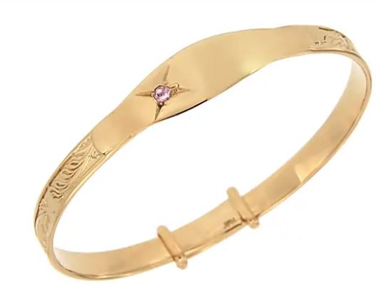 Yellow Gold Plated ID Baby Bangle with Pink CZ