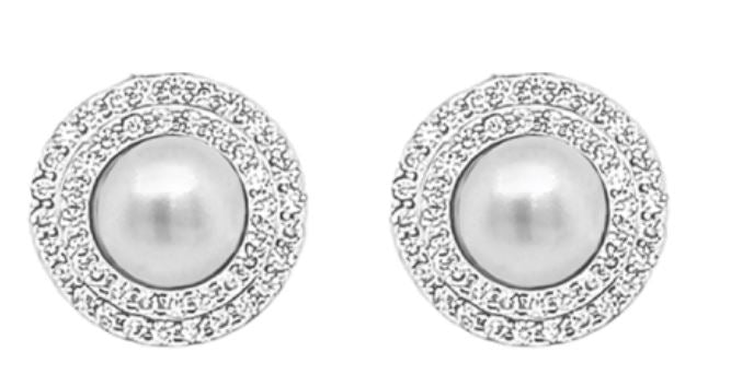 Sterling Silver 5mm Freshwater Cultured Button Pearl CZ Double Halo Stud Earrings